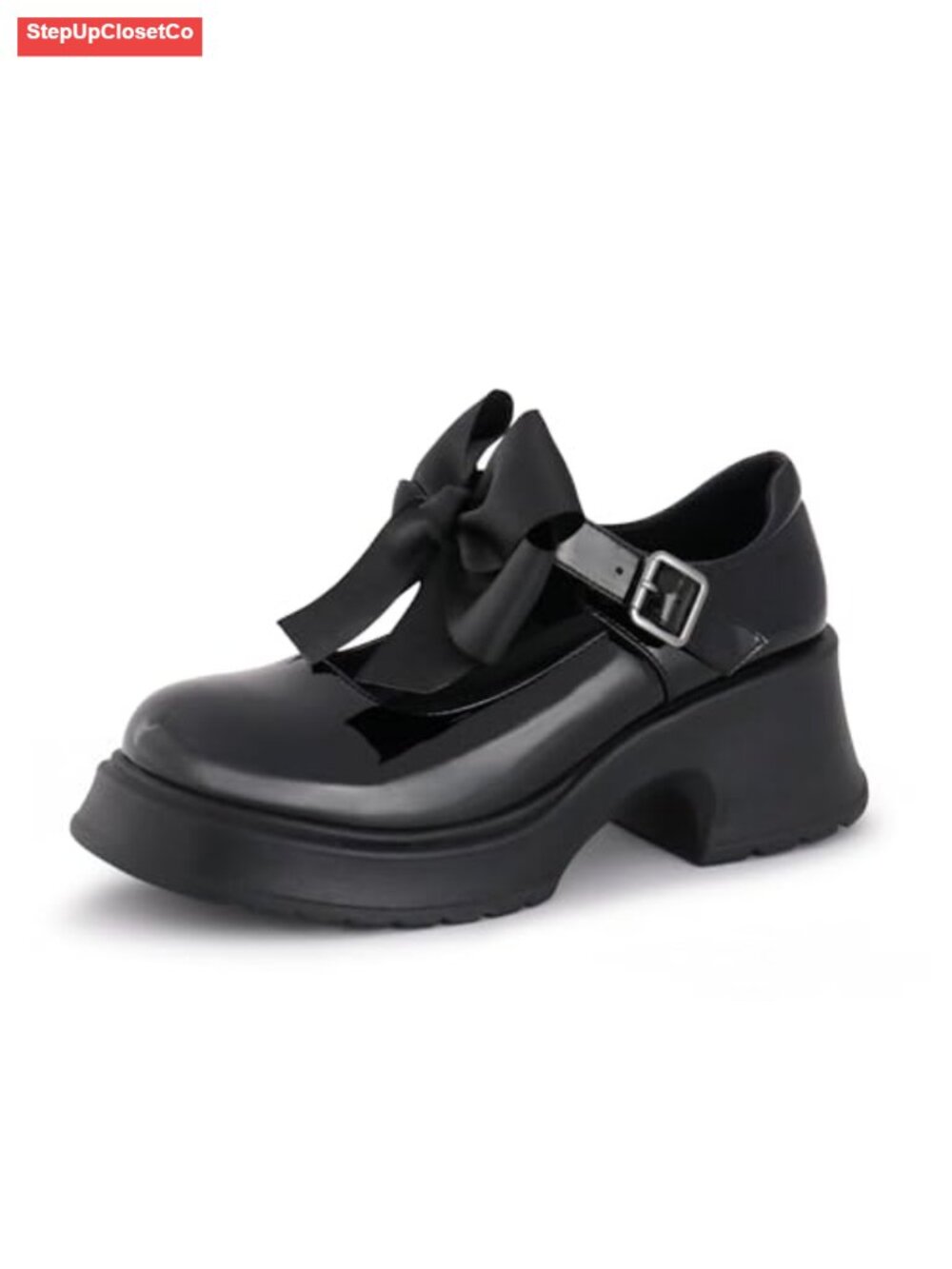 Women's Mary Jane Platform Chunky Heel Pumps with Detachable Bow Ankle Strap